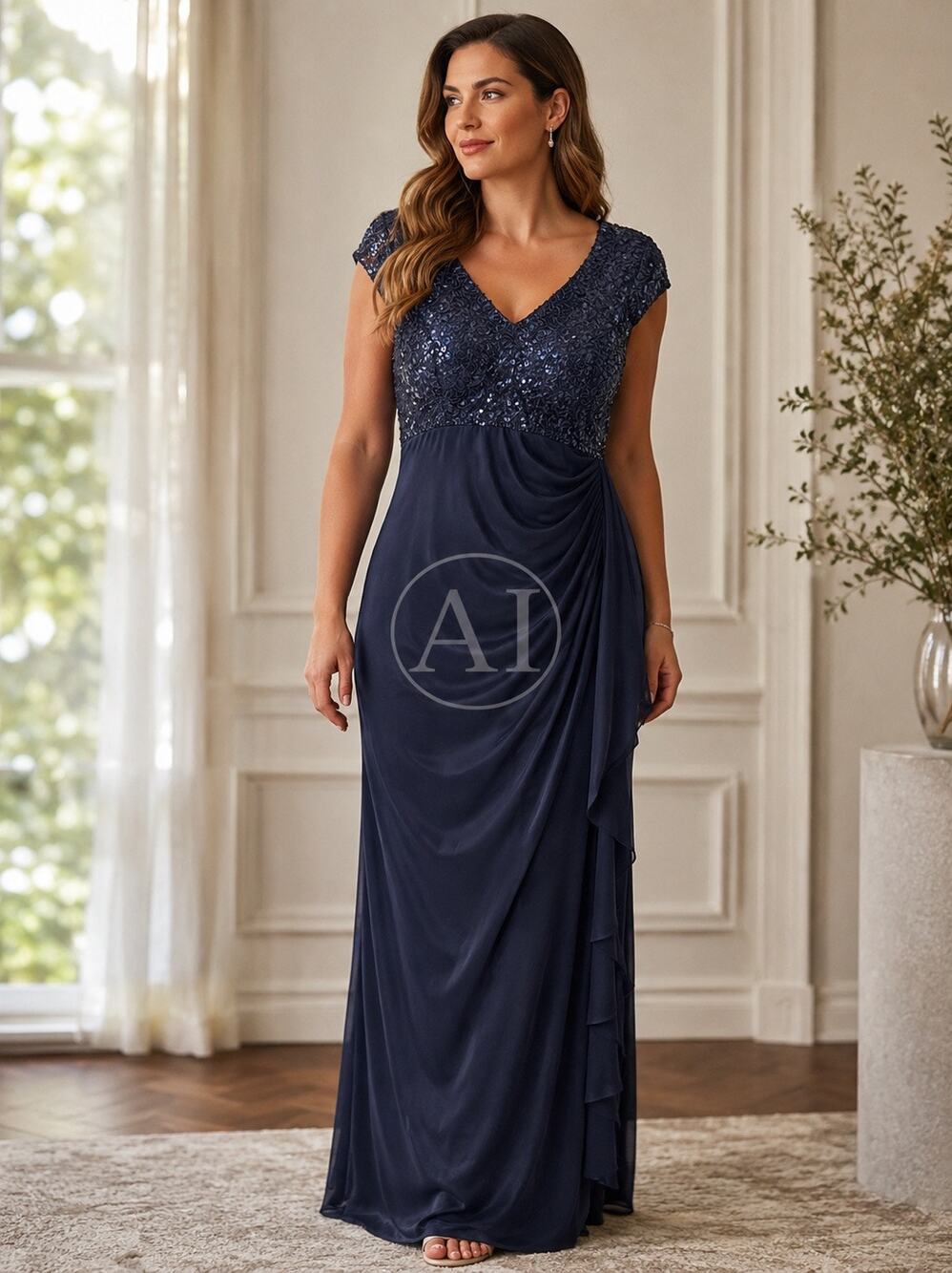 Alex Evenings Navy Sequin Lace Gown Dress Size 10 Formal Mother of the Bride